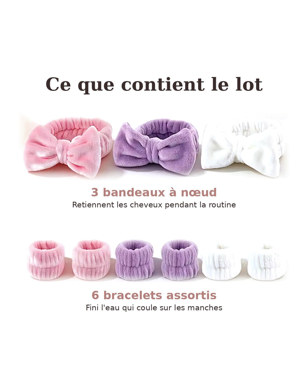 Contenu du lot : 3 bandeaux à nœud et 6 bracelets assortis