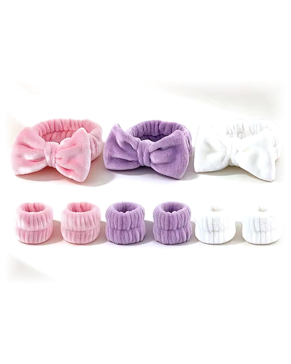 Lot de 3 bandeaux spa à nœud et 6 bracelets, rose, lilas et blanc