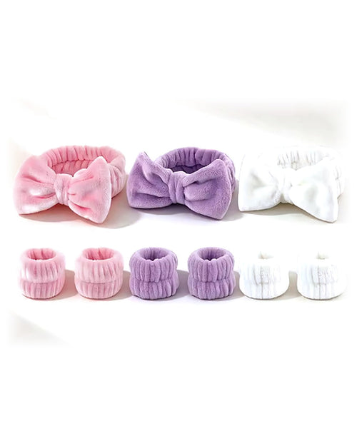 Lot de 3 bandeaux spa à nœud et 6 bracelets, rose, lilas et blanc