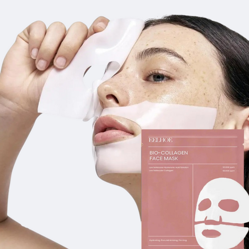 Femme appliquant un masque en hydrogel Ma boutique Bio-Collagen sur son visage pour une hydratation intense