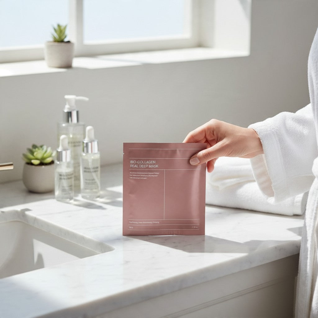 Masque Collagène Ma boutique Bio-Collagen Real Deep Mask dans un emballage rose sur un comptoir de salle de bain