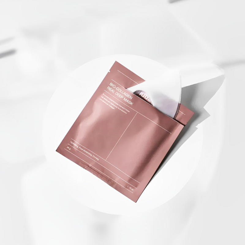 Masque visage Ma boutique Bio-Collagen Real Deep Mask en sachet rose métallisé pour hydratation et fermeté