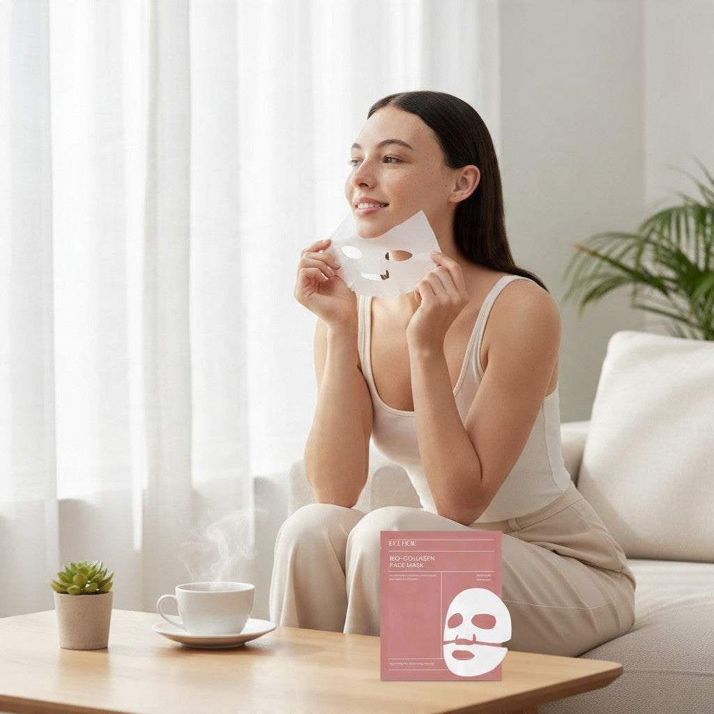 Femme souriante tenant un masque collagène Ma boutique dans un salon lumineux avec une tasse de thé